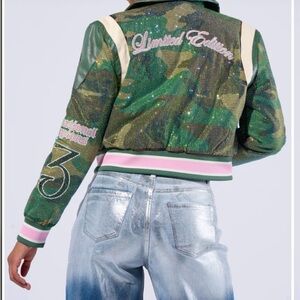 AKIRA Green and Cream Camouflage Bomber Jacket